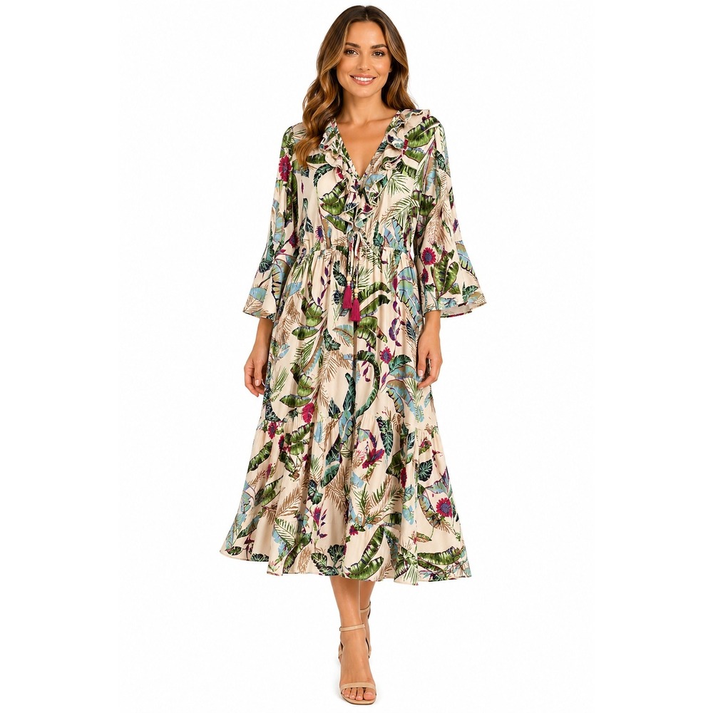 Brocade Ivy Floral Ruffle Midi Dress L Tropical Leaf Coastal Whimsical Feminine